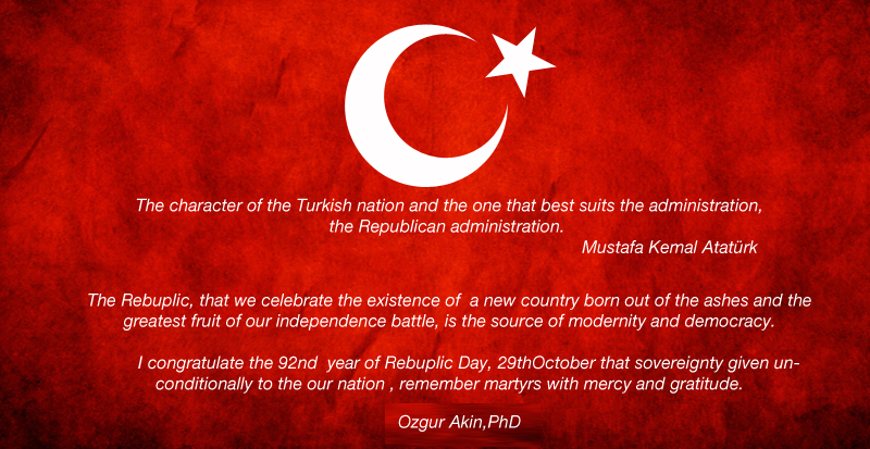 Congratulation Message for October 29 Republic Day of Turkey by Ozgur Akin Phd The Chairman of The